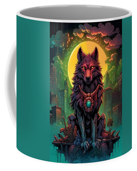Voodoo Coffee Mug featuring the digital art Voodoo Wolf Under The Full Moon Of The City by Jason Denis