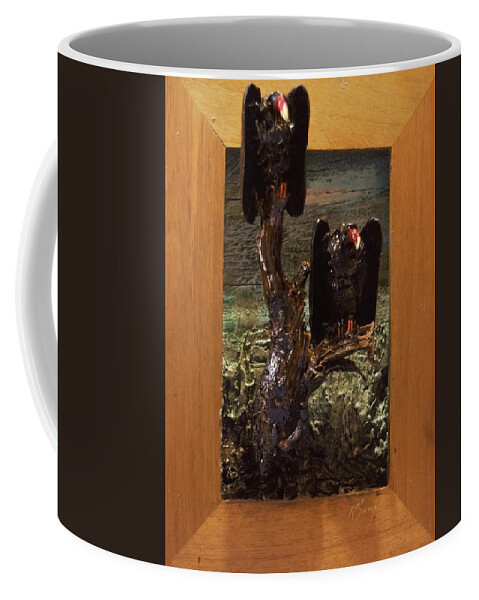 Perched Vultures Coffee Mug featuring the mixed media Vultures Projecting from Frame by Roger Swezey