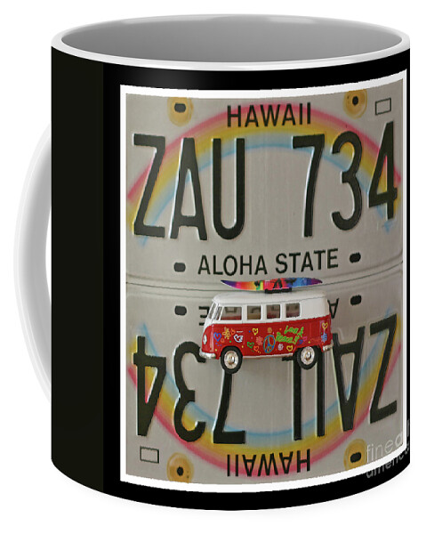 Hawaii License Plates Coffee Mug featuring the mixed media VW Bus and Hawaii Rainbow Print - Recycled Hawaii License Plates Art by Steven Shaver