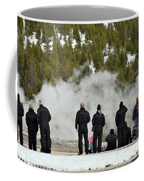 Yellowstone Coffee Mug featuring the photograph Waitiing for Old Faithful by Kae Cheatham