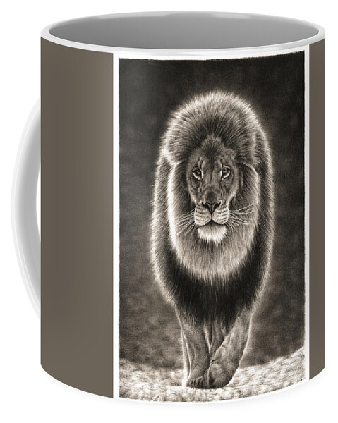 Lion Coffee Mug featuring the drawing Walking Lion by Casey 'Remrov' Vormer