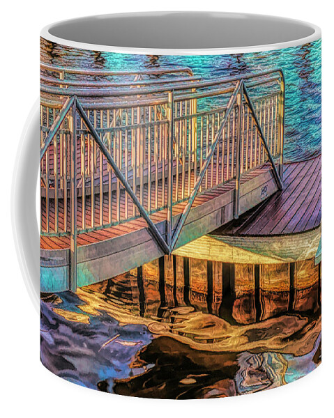 Walkway; Dock; Float; Morning; Light; Shadows; Railing; Abstract; Reach; Photo; Safety; Strength; Sart; Coastal; Marina; River; Balance; Beauty; Challenge; Nautical; Harmony; Suspended; Integrity; Wall Art; Contemporary Decor; Industrial Decor; Transitional Decor Coffee Mug featuring the photograph Walkway To Floating Dock Early Morning by Gary Slawsky