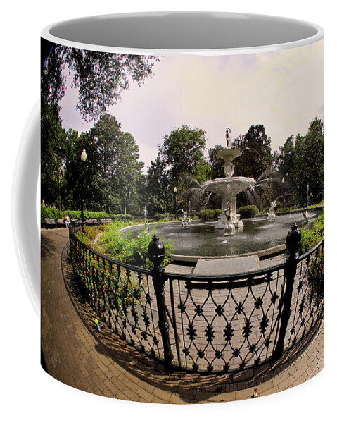 Savannah Coffee Mug featuring the photograph Warm Glow at Forsyth Fountain by Theresa Fairchild