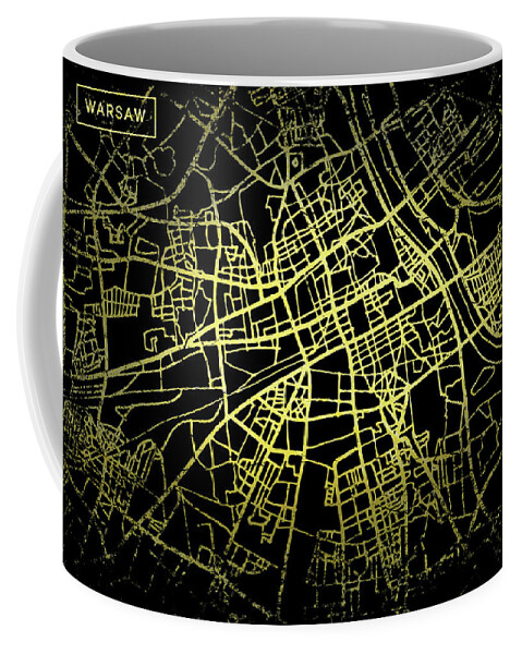 Map Coffee Mug featuring the digital art Warsaw Map in Gold and Black by Sambel Pedes