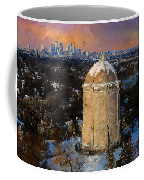 Minneapolis Coffee Mug featuring the digital art Washburn Water Tower at Sunset by Glenn Galen