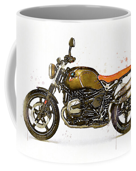 Motorbike Paitning Coffee Mug featuring the painting Watercolor BMW NineT SCRAMBLER motorcycle - oryginal artwork by Vart. by Vart