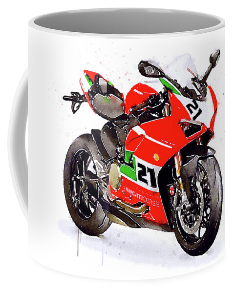 Sport Coffee Mug featuring the painting Watercolor Ducati Panigale V2 Bayliss motorcycle, oryginal artwork by Vart. by Vart Studio