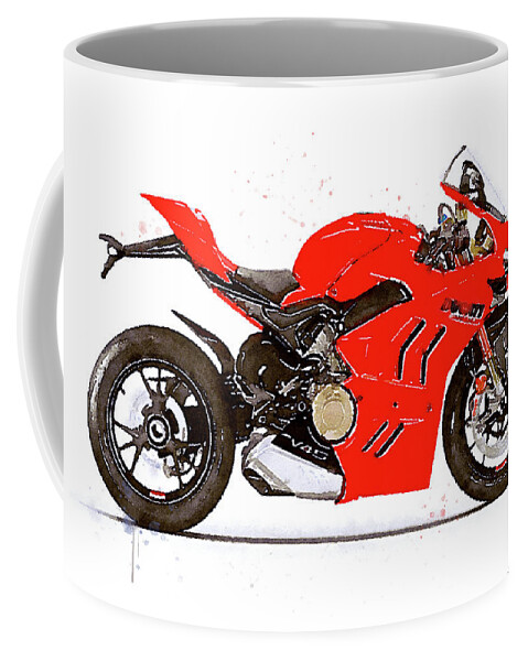 Sport Coffee Mug featuring the painting Watercolor Ducati Panigale V4S 2022 motorcycle - oryginal artwork by Vart. by Vart Studio