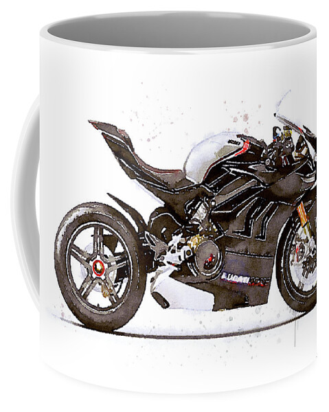 Sport Coffee Mug featuring the painting Watercolor Ducati Panigale V4SP 2022 motorcycle, oryginal artwork b by Vart Studio
