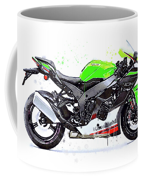 Sport Coffee Mug featuring the painting Watercolor Kawasaki Ninja ZX10R motorcycle - oryginal artwork by Vart. by Vart Studio