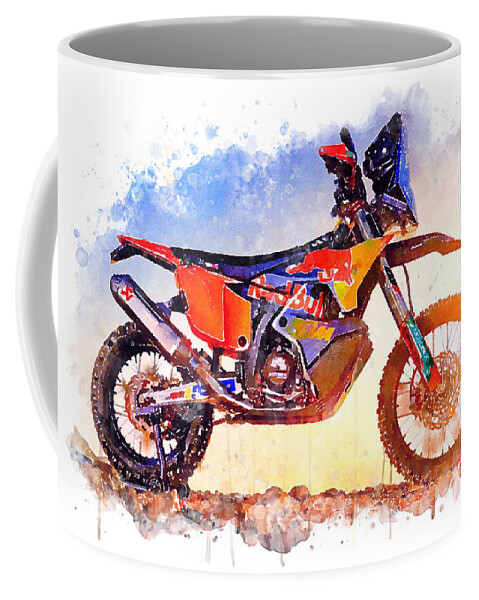 Adventure Coffee Mug featuring the painting Watercolor KTM 450 Rally Dakar motorcycle - oryginal artwork by Vart. by Vart Studio