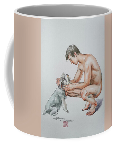 Male Nude Coffee Mug featuring the painting watercolor -Man and dog #20711 by Hongtao Huang