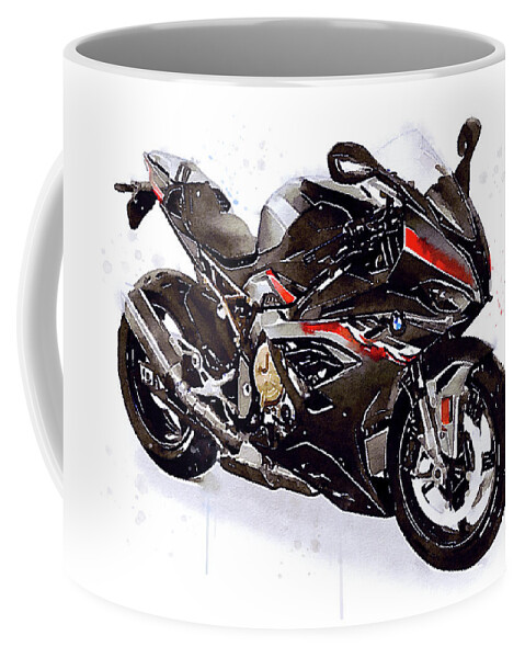 Sport Coffee Mug featuring the painting Watercolor Motorcycle BMW S1000RR black 2022 - original artwork by Vart. by Vart Studio