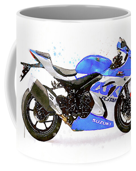 Sport Coffee Mug featuring the painting Watercolor Suzuki GSX-R 1000 motorcycle - oryginal artwork by Vart. by Vart Studio