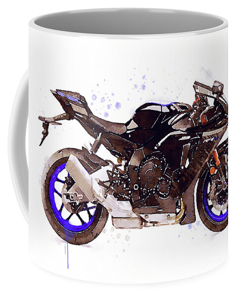 Sport Coffee Mug featuring the painting Watercolor Yamaha R1M motorcycle - oryginal artwork by Vart. by Vart Studio