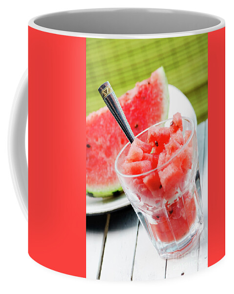 Watermelon Coffee Mug featuring the photograph Watermelon slice and melon sweet dessert smoothie on white table by Jelena Jovanovic