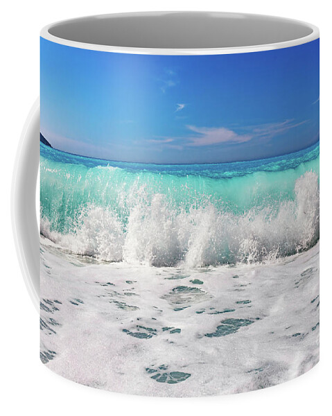 Sea Coffee Mug featuring the photograph Waves crashing Ionian sea in Greece. by Michal Bednarek