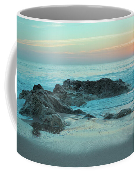 Beach Sunset Coffee Mug featuring the photograph Waves, rocks and sunset in Salgados by Angelo DeVal