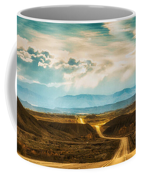 Wavy Road Coffee Mug featuring the photograph Wavy, glowing country road in Utah by Tatiana Travelways