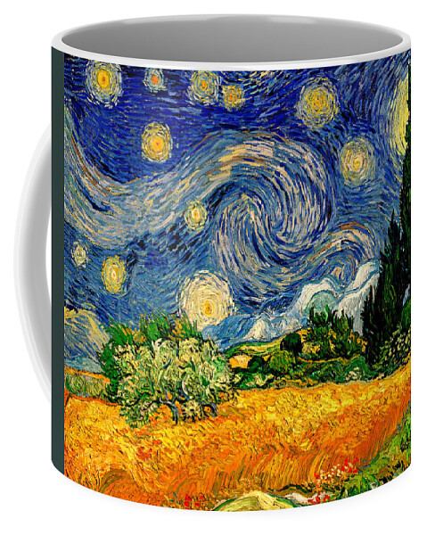 Wheat Field With Cypresses Coffee Mug featuring the digital art Wheat Field with Cypresses under a Starry Night - warm colors digital recreation by Nicko Prints