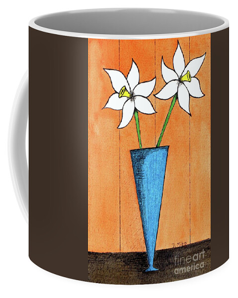 Mid Century Flowers Coffee Mug featuring the painting Whimsical White Flowers in Blue Vase by Donna Mibus