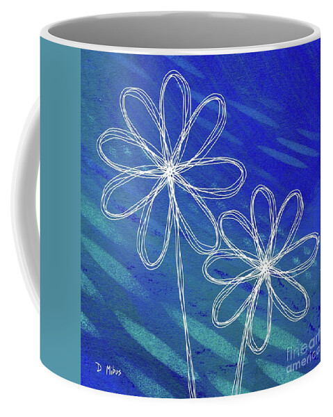 Retro Flowers Coffee Mug featuring the mixed media White Abstract Flowers on Blue and Green by Donna Mibus