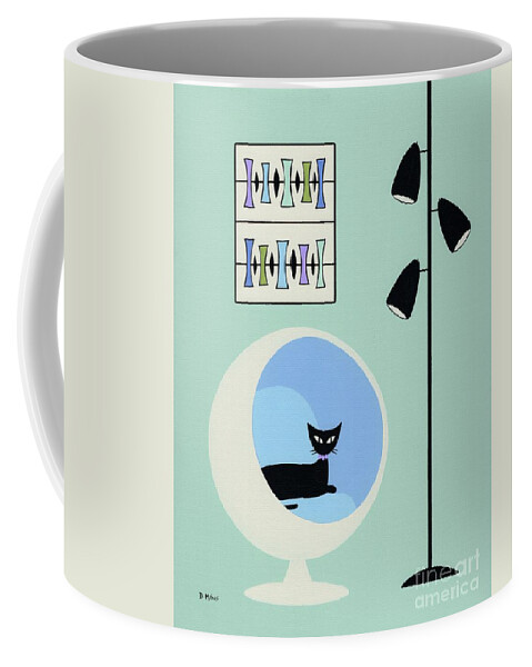Mid Century Modern Black Cat Coffee Mug featuring the painting White Ball Chair with Mini Trapezoids by Donna Mibus