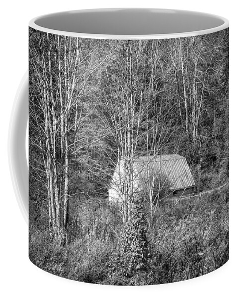 Barns Coffee Mug featuring the photograph White Barn Farm Creeper Trail in Autumn Fall Black and White Dam by Debra and Dave Vanderlaan