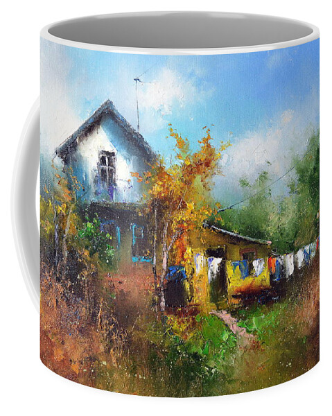 Russian Artists New Wave Coffee Mug featuring the painting White Farmhouse by Igor Medvedev