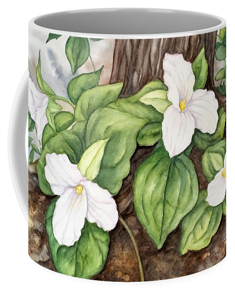 Trillium Coffee Mug featuring the painting White forest trillium flowers by Inese Poga