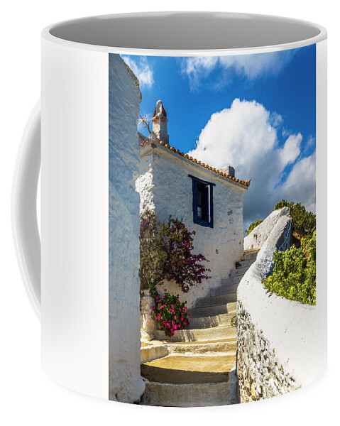 Aegean Sea Coffee Mug featuring the photograph White Greek House by Evgeni Dinev
