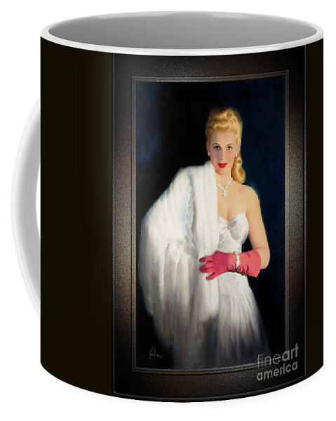 Blonde Coffee Mug featuring the painting White Mink and Diamonds by Art Frahm Sophisticated Pin-Up Girl Vintage Artwork by Rolando Burbon