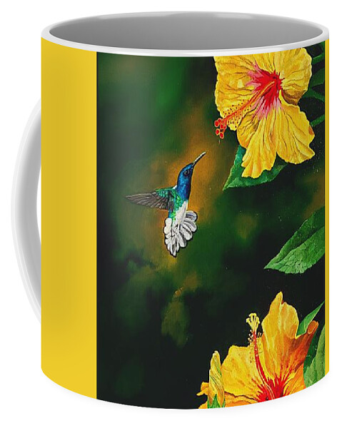 Birds Coffee Mug featuring the painting White Necked Jacobin and Yellow Hibiscus by Dana Newman