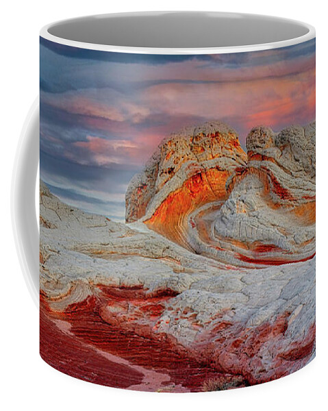 White Pocket Coffee Mug featuring the photograph White Pocket Rock Formations With Dinosaur Tracks by Lena Owens - OLena Art Vibrant Palette Knife and Graphic Design