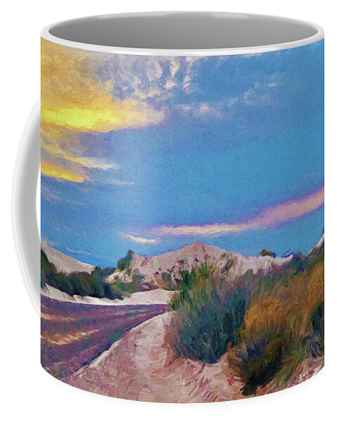 White Sands Coffee Mug featuring the mixed media White Sands New Mexico at Dusk Painting by Tatiana Travelways