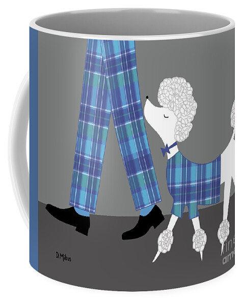 Mid Century Dog Coffee Mug featuring the digital art White Standard Poodle Blue Plaid by Donna Mibus