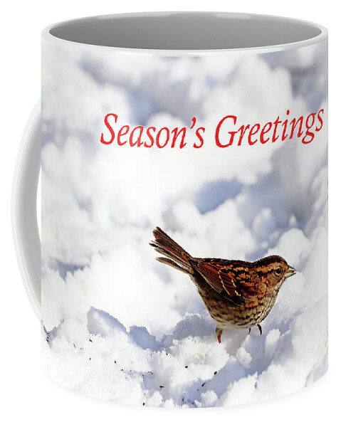 Sparrow Coffee Mug featuring the photograph White Throated Sparrow In Snow Season's Greetings by Debbie Oppermann
