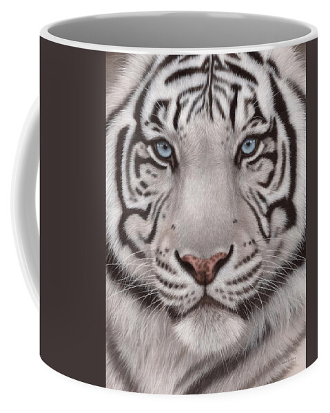 Tiger Coffee Mug featuring the painting White Tiger face painting by Rachel Stribbling