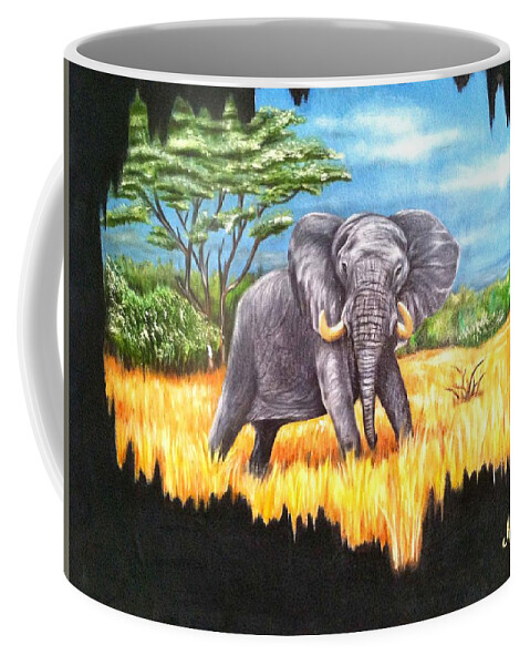 Elephant In It's Habitat Being Watched From A Distance Coffee Mug featuring the painting Who's Watching Who? by Ruben Archuleta - Art Gallery