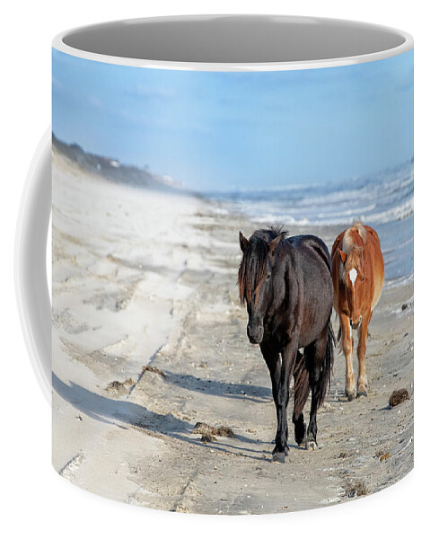 Wild Horse Coffee Mug featuring the photograph Wild Horses on the Beach by Fon Denton