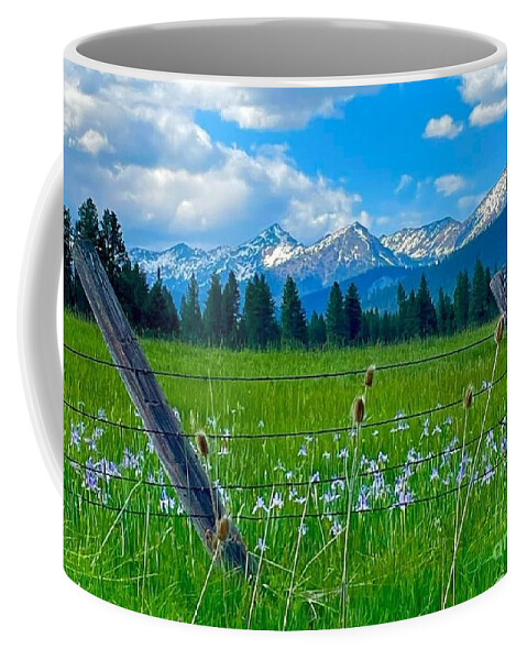 Photograph/elkhorn Mountains/mountains/meadow/flag Flower/flowers/iris/snow/green/purple Coffee Mug featuring the photograph Wild Iris in the Elkhorn by Jennifer Lake