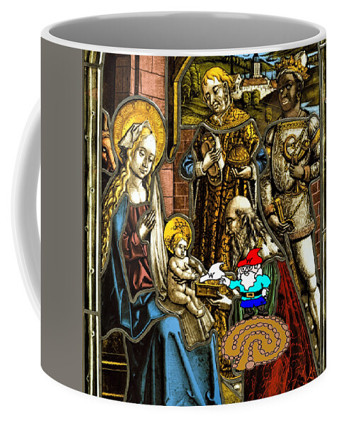 Magi Coffee Mug featuring the digital art Will the Wandering Gnome joins the 3 Kings and gives a White Hat to Jesus - Gnome Art by Bill Ressl