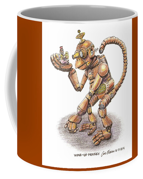 Steampunk Coffee Mug featuring the drawing Wind Up Monkey by Eric Haines