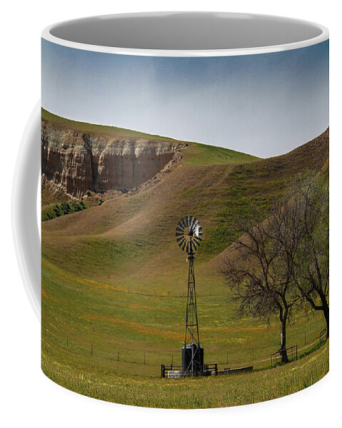 California Coffee Mug featuring the photograph Windmill, Oak Trees and Wildflowers by Roger Mullenhour