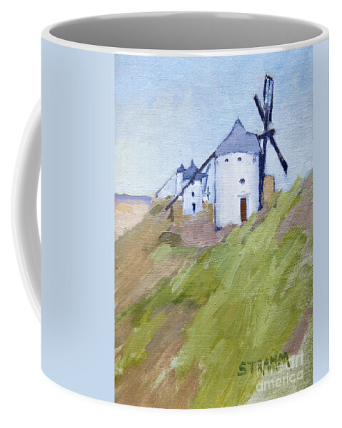In The Middle Of Now Where Sits A Row Of 17th Century Windmills Resting Atop A Ridge Buffering The Eastern Valley From The Strong Winds Coming From The West. It Was Quite An Adventure To First Find Them Then Position My Self To Where I Was Able To Paint With Out All My Supplies Blowing Away. But I Did It! Coffee Mug featuring the painting Windmills of Consuegra, Spain by Paul Strahm