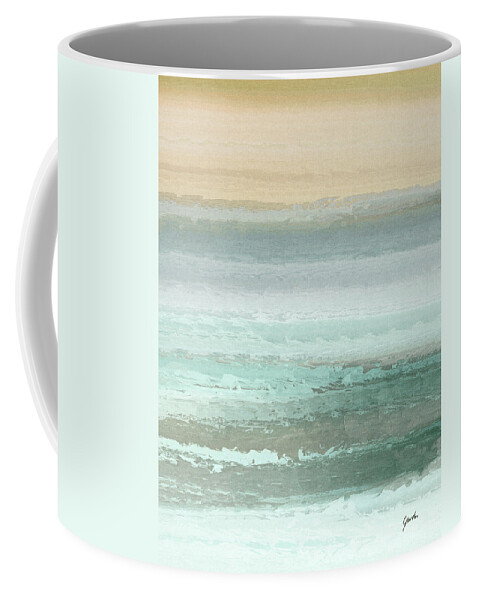 Green Coffee Mug featuring the painting Windy Beach - Gold White And Mint Green Abstract Landscape Art by iAbstractArt