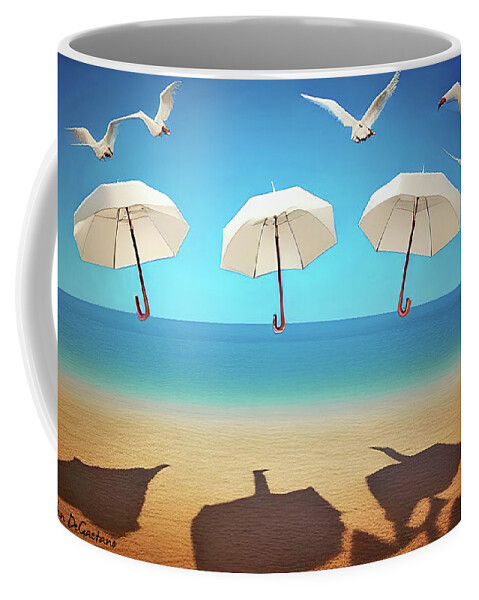 Umbrella Coffee Mug featuring the digital art Windy Day at the Beach by John DeGaetano