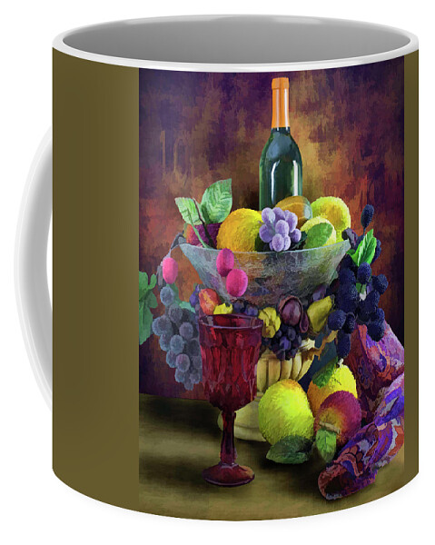 Wine Coffee Mug featuring the digital art Wine and Fruit Still Life by Ron Grafe