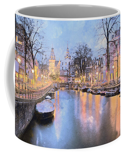 Amsterdam Coffee Mug featuring the mixed media Winter Amsterdam by Alex Mir