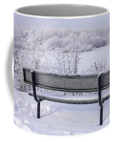 Lake Coffee Mug featuring the photograph Winter Bench by Susan Rydberg